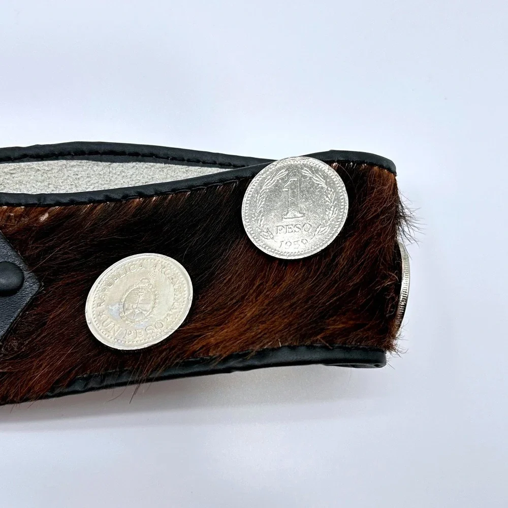 Vintage Gaucho Pony Hair Leather Coin Belt Argentina 100 Pesos Silver Chain